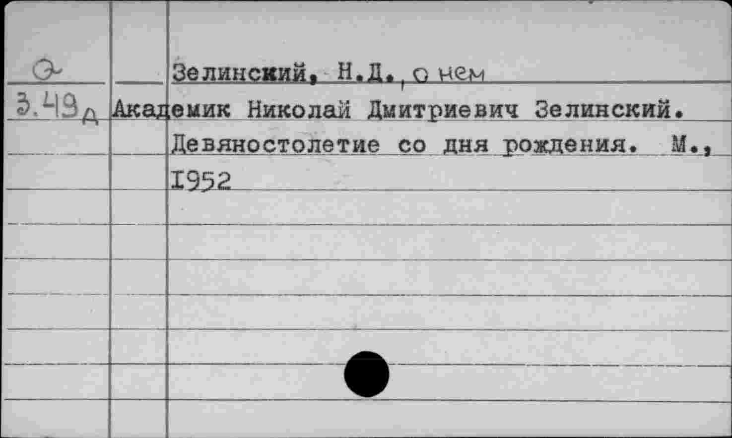 ﻿		Зелинркийэ Н.Д.,о нем	
	Акад	емик Николай Дмитриевич Зелинский.	 Девяностолетие со дня рождения. М.,
		1952
		
		
		
		
	—	
		